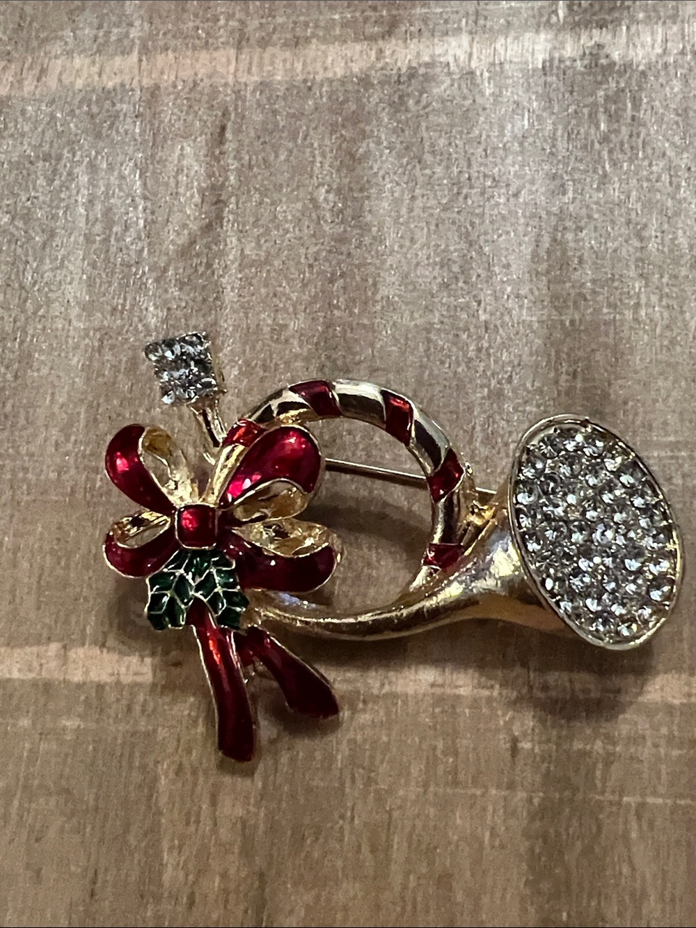 3/$18 Holiday Horn Brooch with Red Enamel Bow and Crystal Accents Lot 1029